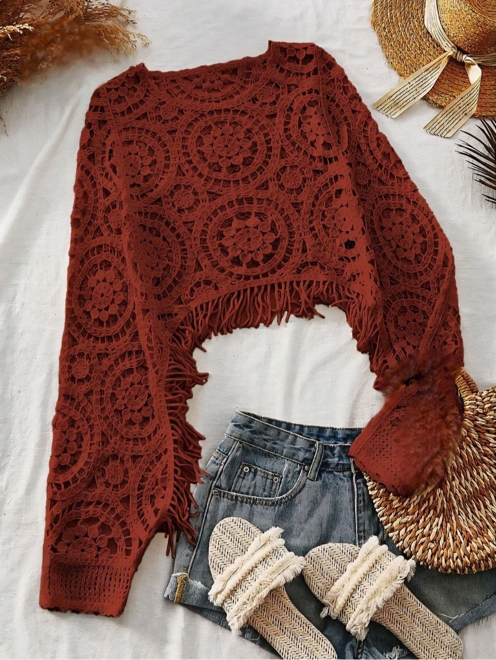 Boho Rust Crochet Openwork Top - Fringed Hi-Low Hem - Size S